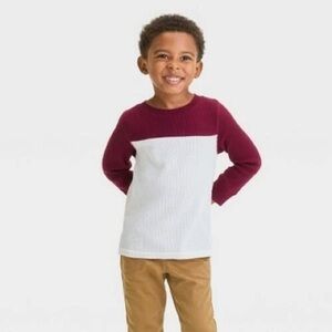 Cat & Jack Toddler Boys Waffle Knit Long Sleeve Shirt, Burgundy & Cream, Size 3T